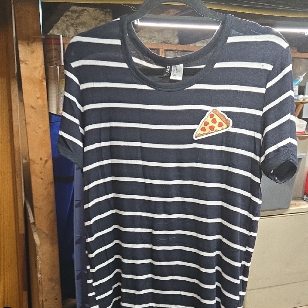 Divided Black and White Striped Tee with Pizza Patch